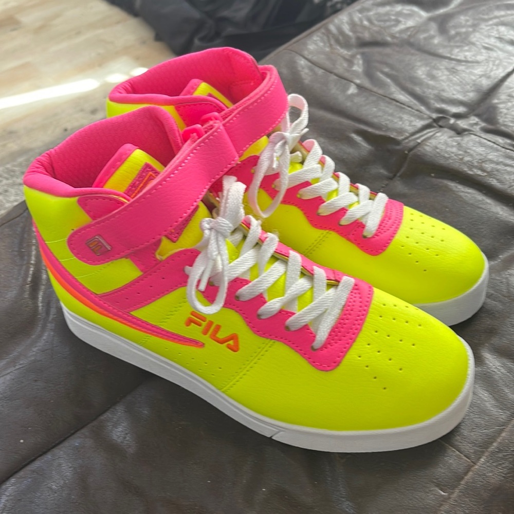 Womans high top Fila sneakers, yellow with pink and orange accents, size 9